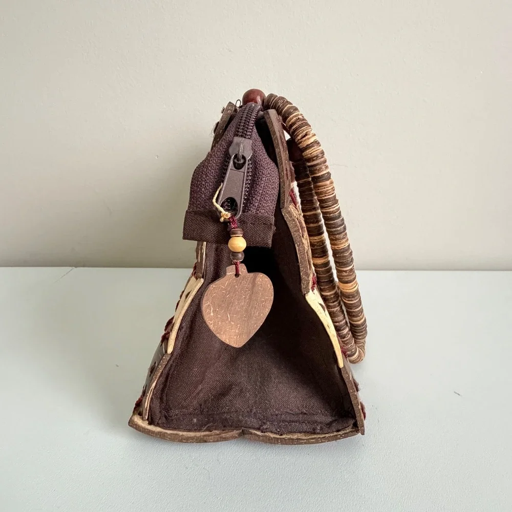 VR Collections Handmade Coconut Shell Bag Boho Checkered Beaded Handle Brown Tan